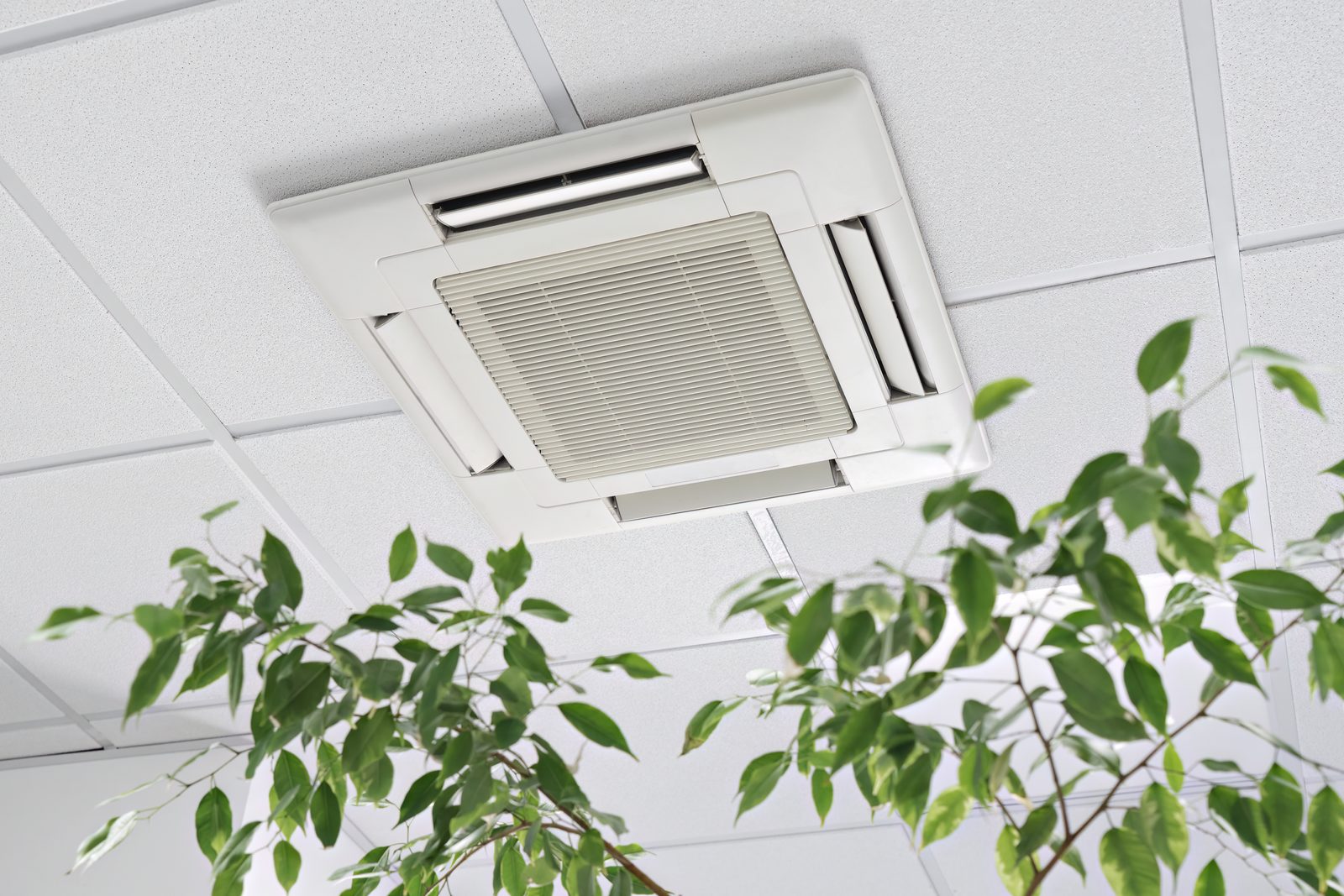 A ceiling cassette air conditioning unit set into a suspended commercial ceiling
