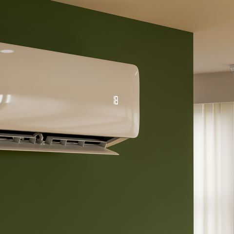 A wall-mounted ductless mini-split indoor head with its vanes open