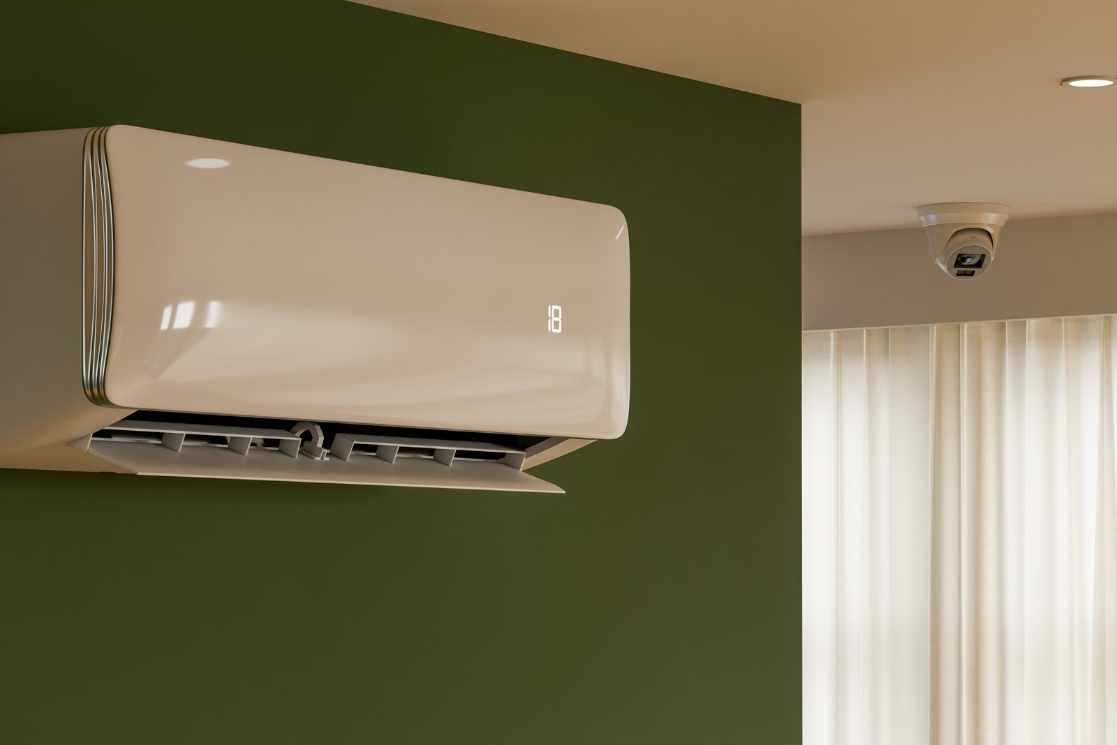 A wall-mounted ductless mini-split indoor head with its vanes open
